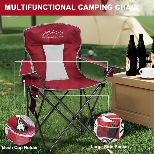 SAILARY 2PCS Collapsible Folding Camping Chairs Heavy Duty Lawn Foldable Chair with Cooler Bag, Storage Pocket, Waterproof Bag Outdoor Arm Sport Chair, Supports 325LBS, Red