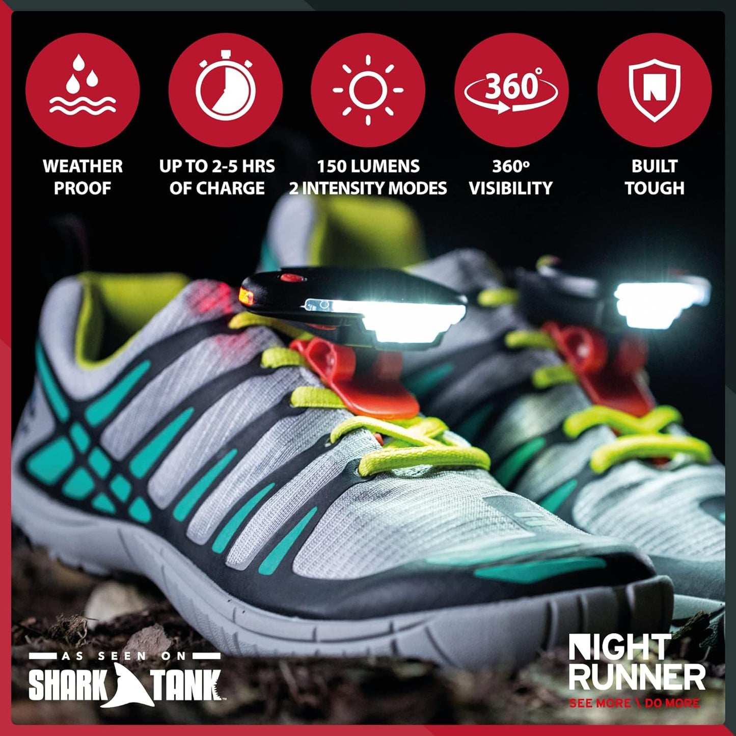 Night Tech Gear Running Shoe Lights – Hands-Free LED Lights for Runners, Trail Runners & Joggers – High Visibility Night Running Gear – Waterproof & Rechargeable