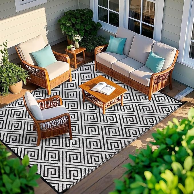 Outdoor Patio Plastic Straw Rug - 6'x9' Outdoor Camping Rug Waterproof Reversible, Area Carpet Patios Clearance RV, Outside Porch Balcony Deck for Camper, Stripe Black & White