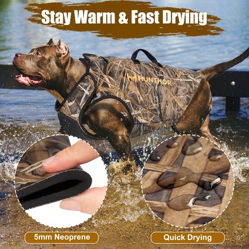 Hunthor Dog Hunting Vest, 5mm Neoprene Camo Dog Vest for Waterfowl, Duck, Dove, and Bush Hunting, Insulated, Fast-Dry, and Tear-Resistant for Outdoor Activities