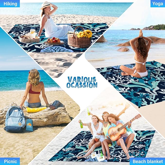 Beach Blanket Waterproof Sandproof 1-7 Adult Oversized 78 '' × 81 '' Lightweight Durable Compact Sand Free Beach Mat for Travel Camping Hiking Picnic Blanket Extra Large