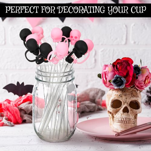 Yoande 12 Pcs Halloween Skull Straw Topper Compatible with Stanley Cup Accessories 30 40 oz 10 mm Silicone Straw Cover Cap Reusable for Halloween Cup Accessories Decoration Gift(Black, Pink)