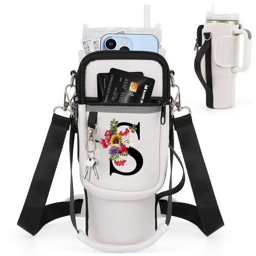 heweiautobsr 40 oz Initial Stanley Cup Holder with Adjustable Shoulder & Handheld Strap and Phone Pocket, Insulated Neoprene, White