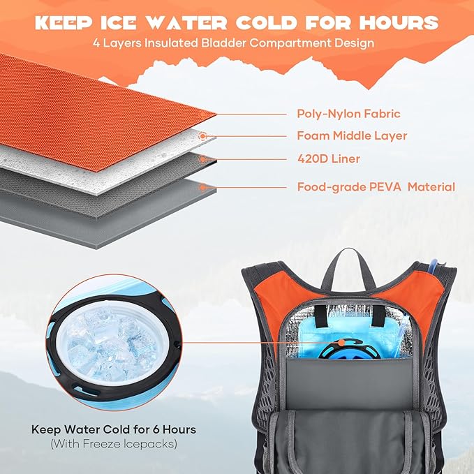 Maelstrom Hydration Hiking Backpack with 2L/3L Water Bladder, High Flow Bite Valve Camping Daypack Lightweight