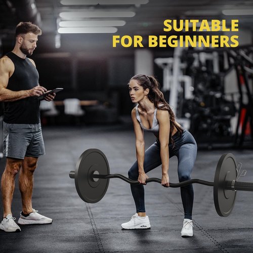 POWER GUIDANCE 2 Inch Curl Bar with Weights 47", 500lbs Weight Capacity Olympic EZ Curl Barbell for Bicep, Tricep and Weight Lifting Exercises,with 2 Spring Collars (Black)