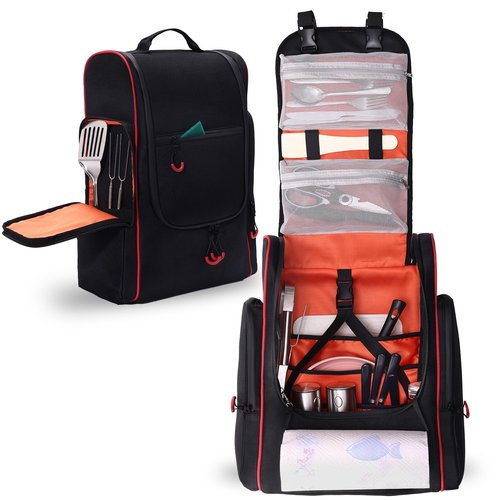 GHWMYD Camping Organizer for Outdoor Kitchen Storage, Large Hanging Cookware Backpack with Paper Towel Holder, Multi Pockets Camp Utensil Containers for BBQ Grill Cooking Essential Tools, Bag Only