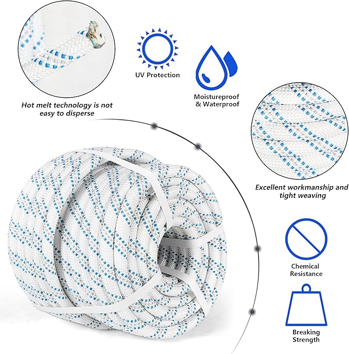 High Strength Braid Rope Pulling Cord Polyester Arborist Line Multipurpose Bull Rigging 5/8 Inch x 150 Feet White Grey Blue