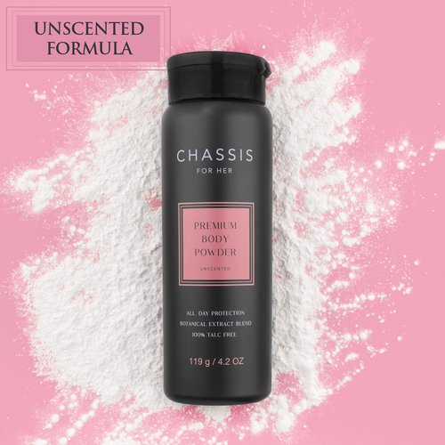 Chassis Her Talc-Free Body Powder with Hydro-Shield Technology, Unscented Feminine Corn Starch Powder for Women, Sweat and Odor Control