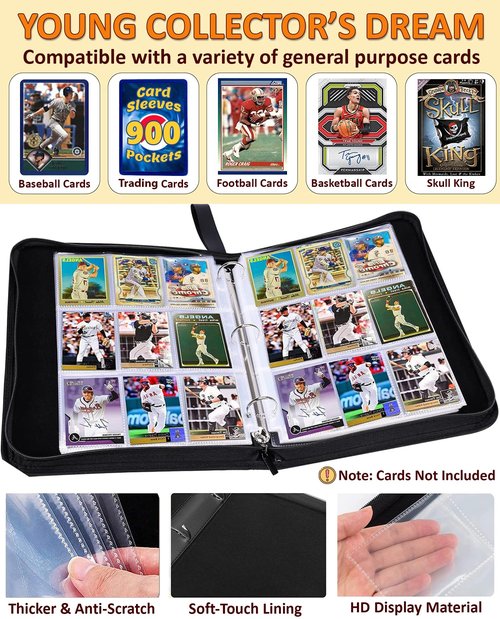 Baseball Card Binder 900 Pockets, 50 Sleeves Large Baseball Binder 3 Ring Zipper Trading Cards Holder 9 Pocket, Sport Card Collection Folder Book Storage Organizer, Album Case Protector Collector Gift
