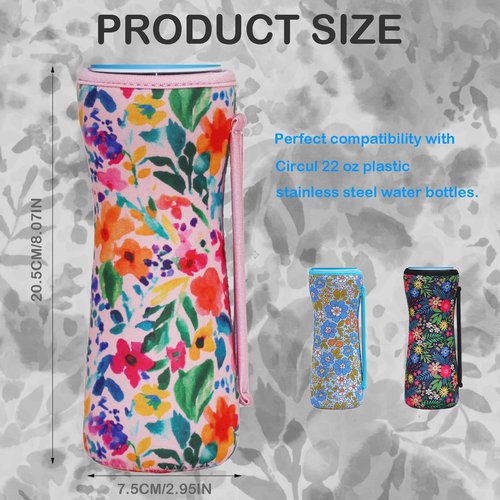 SLEILIN 22oz Cute Printed Sleeve Compatible With Cirkul Water Bottle For Plastic And Stainless Steel Bottles 22oz Neoprene Sweat-Wicking Material Insulated Cover Designed With Handles (Pink Flower)