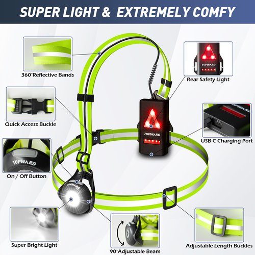 Topward Running Lights for Runners USB-C Rechargeable, Chest Headlamp with 500 Lumen Adjustable Beam, Safety Light for Walking Dog at Night