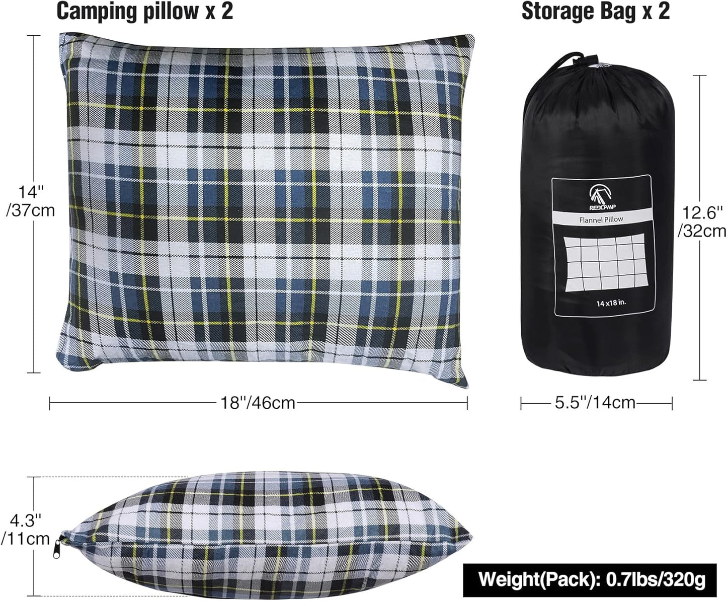 REDCAMP Small Camping Pillow Lightweight and Compressible, Flannel Travel Pillow with Removable Pillow Cover, 2 Pack