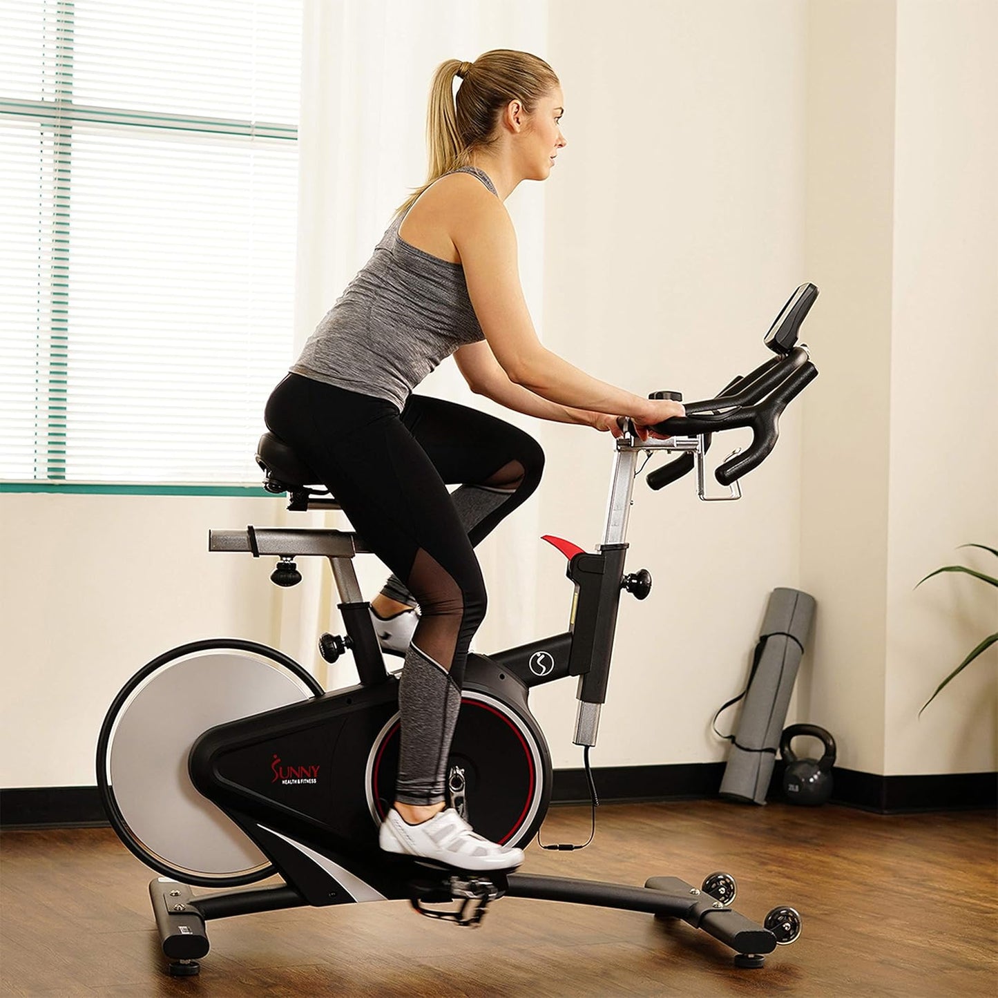 Sunny Health & Fitness Indoor Intensive Cycling Exercise Bike, Adjustable Cardio Training Exerciser w/Emergency Brake for Home, Optional Free SunnyFit App Bluetooth Link + Electromagnetic Resistance