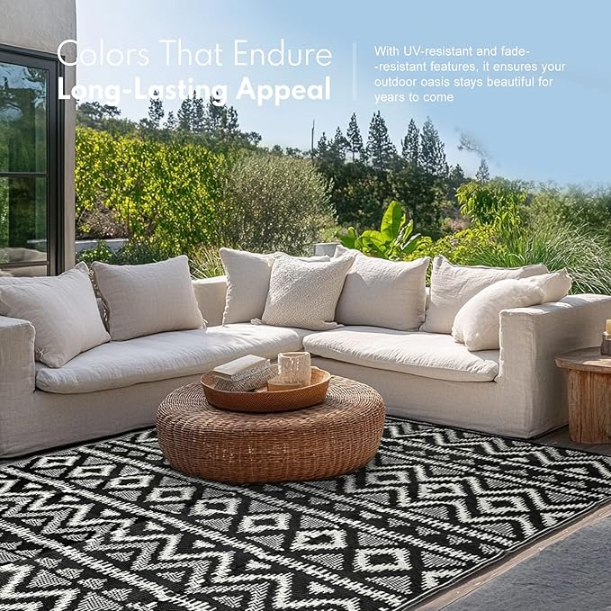Waterproof Outdoor Rug 6x9 ft, Reversible Plastic Straw Rug, Easy to Clean Patio Rug, Portable Carpet for Patio, RV, Deck, Balcony, Backyard, Picnic, Beach, Geometric Diamond, Gray