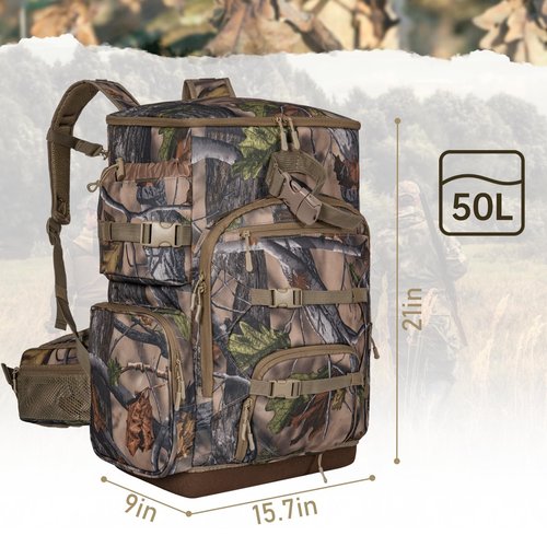 OUUTMEE Hunting Backpack with Waterproof Rain Cover, Self Standing Hard Bottom, 50L Camo Hunting Day Pack for Bow Rifle Gun