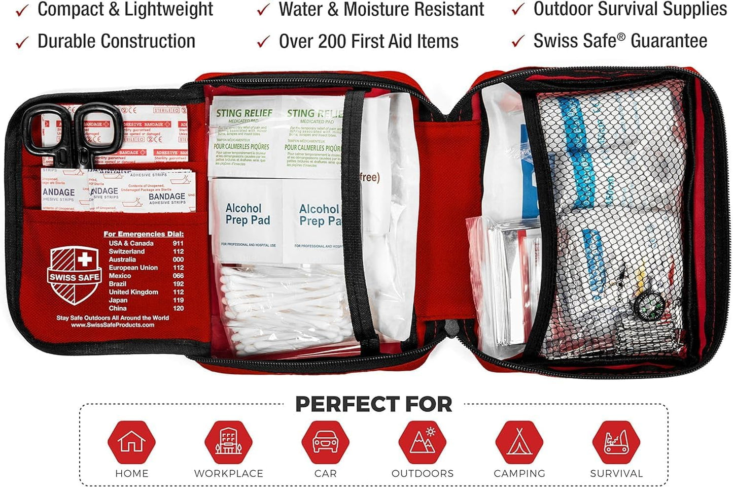 Swiss Safe 2-in-1 First Aid Kit for Car, Travel & Home, Businesses - Bonus Mini Kit for Medical Emergency Aid, Survival, Camping - 64 Piece, Travel FAK