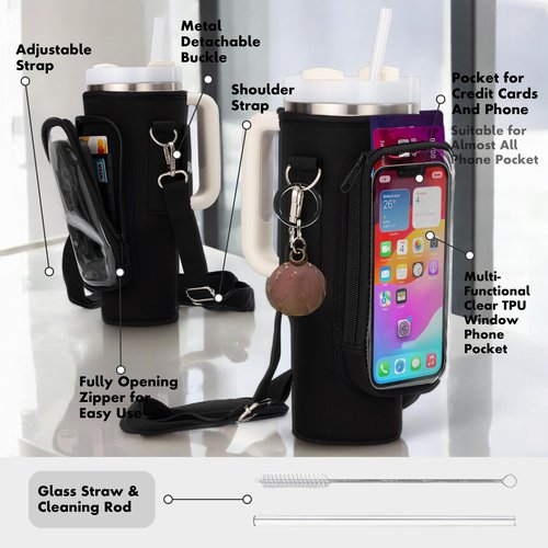 YMCSPECIALITY Water Bottle Holder with Strap - Neoprene Sleeve - Adjustable Shoulder and Hand Sling - Phone Pocket Glass Straw and Brush - 40 oz Stanley Cup Accessories (Black)
