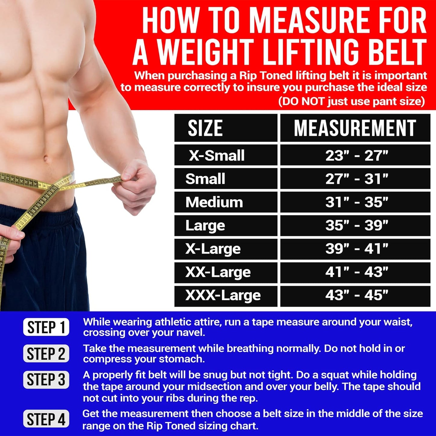 Rip Toned Weight Lifting Belt - Workout Belts for Weightlifting, Powerlifting, Bodybuilding, Strength Training - Back Support for Men & Women - For Squats, Clean, Lunges, Deadlift, Bench Press