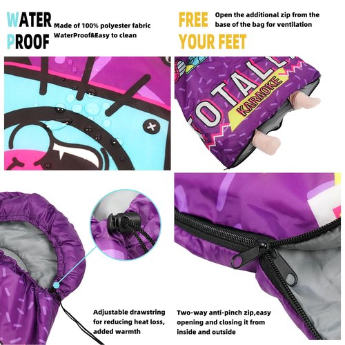 Sleeping Bag for Kids,Portable Camping Sleeping Bags for Boys&Girls with Cute Cartoon Print,Lightweight Waterproof Compact Sleeping Bag for Indoor Outdoor Hiking Travel - Microphone