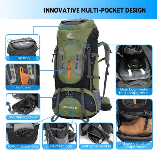 Bseash 80L Waterproof Hiking Camping Backpack with Rain Cover, Lightweight Outdoor Sport Travel Daypack for Climbing Touring (Army Green)