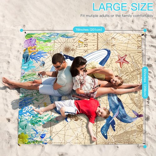 Eotheme Sandproof Beach Mat 79" X 82" for 4-7 Adults, Waterproof Quick Drying Lightweight Beach Blanket with 4 Stakes for Travel Camping Hiking (Whale)