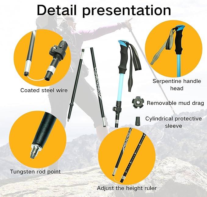Folding Trekking Poles, Hiking Travel Poles, Hiking Equipment, Lightweight Trekking Poles, Suitable for Men and Women, The Elderly and Children，with an Outdoor Compass