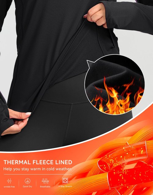 SANTINY Long Sleeve Thermal Shirts for Women Fleece Mock Neck Tops Winter Workout Running Gear with Zipper Pockets(Black_M)