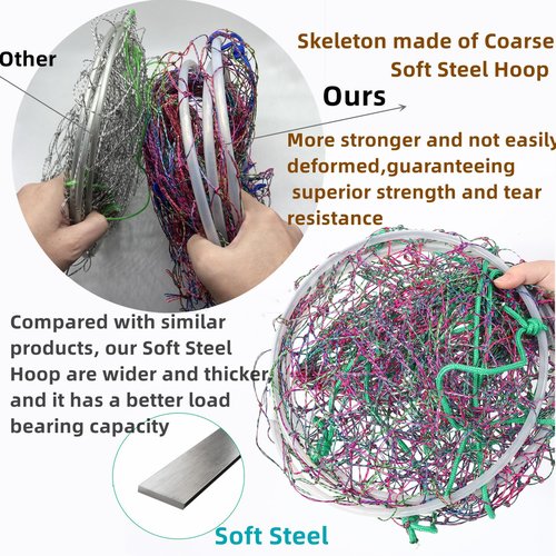 32in x 37in Folded Bridge and Pier Fishing Net, More Coarse Soft Steel Hoop, Colourful Dual-Line Construction，Heavy-Duty Fishing Cast polyethylene Fiber line Mesh Net, Drop Net/Rope/Storage Bag