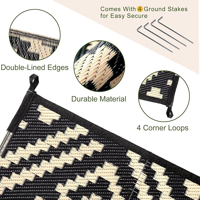 OPPODREAM Outdoor Rug 5x8 Ft, Waterproof Outdoor Plastic Straw Rug for Patio, Reversible Out Door Carpet for Camping, Deck, Rv, 5 x 8 Area Carpet for Balcony, Porch, Backyard, Black and Beige