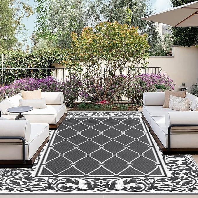 OutdoorLines Indoor Outdoor Rugs for Patio 9x12 ft - Reversible Outside Carpet, Stain & UV Resistant Portable RV Mats, Plastic Straw Rug for Camping, Pool Deck, Porch Rhombus Gray & White