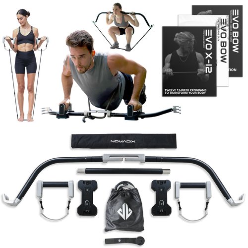 EVO Bow - All in One Portable Home Gym System | Compact Strength Training and Exercise Equipment for Travel with Notched Resistance Bands for Full Body Training and Weighted Pushups | 300lbs (Ultra)