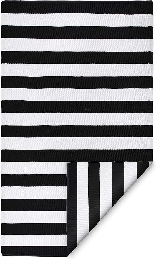 FH Home Outdoor Rug - Waterproof, Fade Resistant, Reversible - Premium Recycled Plastic - Striped - Large Patio, Deck, Sunroom, Camping, RV - Brittany Stripe - Black & White Crease Free - 5 x 8 ft