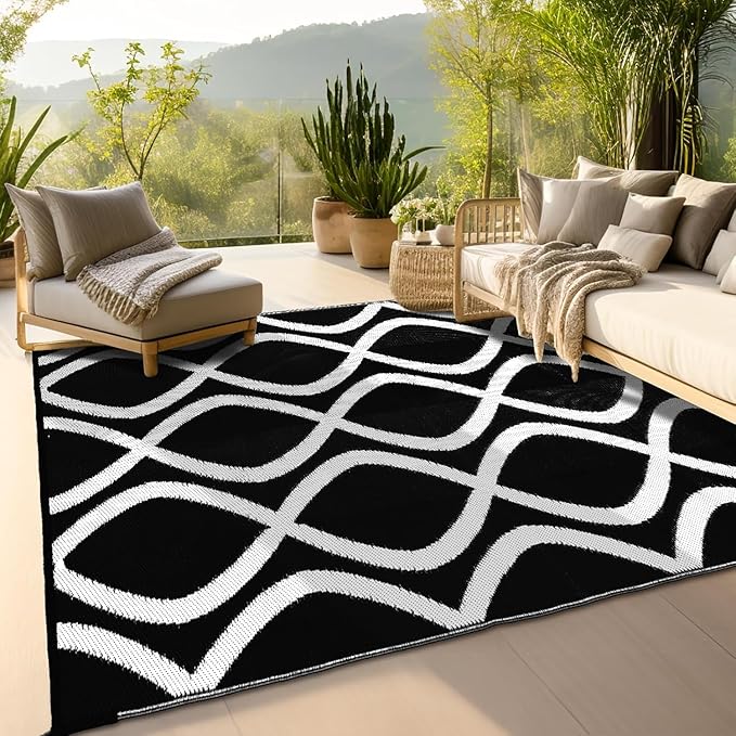 wikiwiki Outdoor Rug, 9x18ft Waterproof Reversible Mat Indoor Outdoor Rugs Carpet, Small Area Rug Plastic Straw Rug for Patio Deck Balcony Pool RV Camping Beach Picnic, Black & White, Rugscape Series