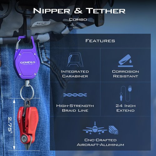 GOMEXUS Sharkbite Fishing Line Cutter with Retractors and Fishing Knot Tying Tool and Hook Eye Cleaner,Fly Fishing Nippers (Blue)