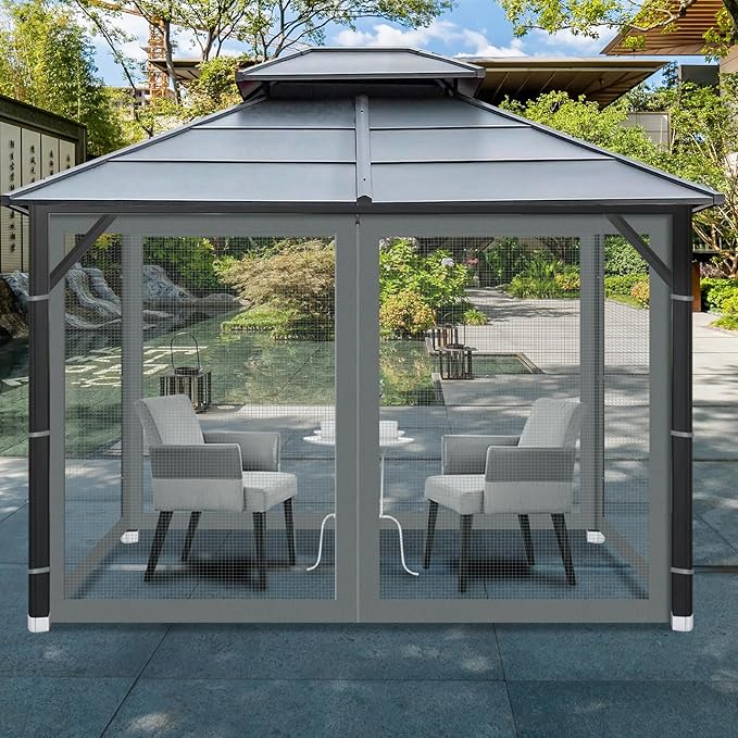 Gazebo Universal Replacement Mosquito Netting, 10' x 10' Outdoor Mesh Netting Screen 4-Panel Sidewall with Zipper for Patio, Canopy, Garden and Backyard, Gray(Mosquito Net Only)