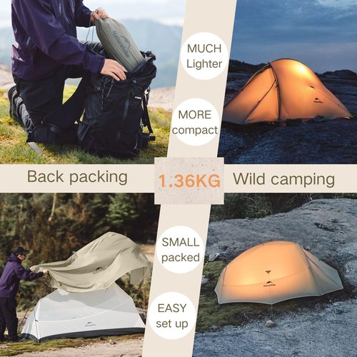 Naturehike 2024 Cloud up Pro Tent, Upgrade Ultralight Tents,1.36kg/3lbs,Double 2 Person Tent,for Cycle Camping,Backpacking,Hiking,Self-Standing, Construction,Easy Set up (Khaki)