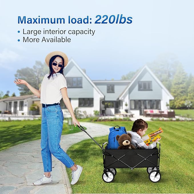 YSSOA Rolling Folding & Rolling Collapsible Garden Cart, Outdoor Camping Wagon Utility with 360 Degree Swivel Wheels & Adjustable Handle, Black 220lbs Weight Capacity