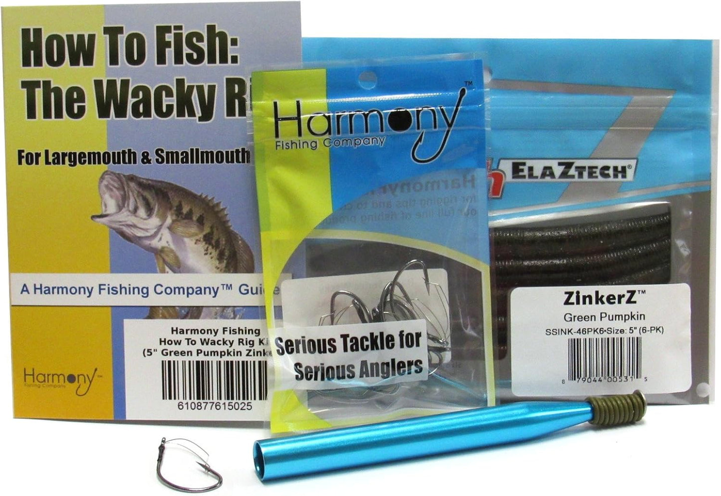 Wacky Rig Kit - Z-Man ZinkerZ 6pk + Wacky Weedless Hooks 10pk + Wacky Tool w/ 10 Wacky Rings + How to Fish The Wacky Worm Guide (Green Pumpkin)