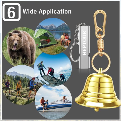 Heptour Loud Bear Bell with Emergency Whistle Set for Hikers, Solid Brass Bear Bells with Silencer，Emergency Whistles and Carabiner for Hiking/Survival/Camping/Climbing/Boating