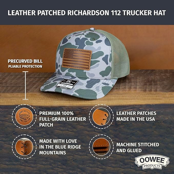 Leather Patch Hat for Men - Richardson 112 Trucker Hat w/Full-Grain Leather Patch, Laser-Engraved, Machine-Stitched