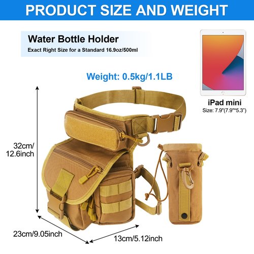KOZEVARNY Leg Bag for Men Women Motorcycle Leg Bags Outdoor Waterproof Tactical Fanny Pack Travel Thigh Bag for Hiking Climbing Cycling Fishing Riding with Water Bottle Pouch (Khaki)