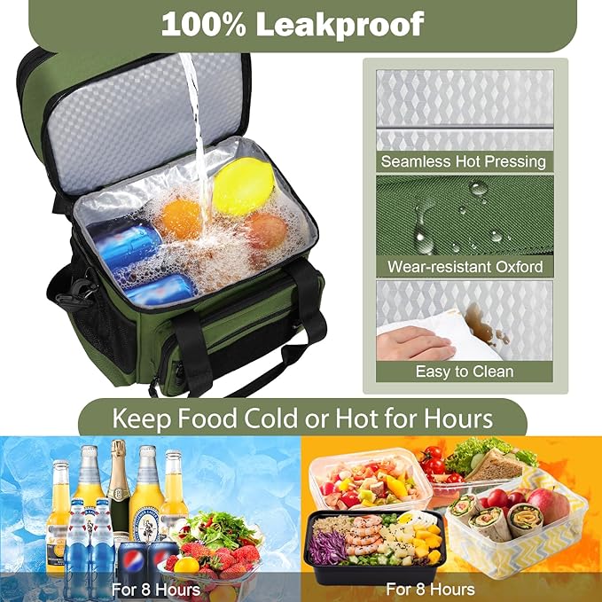 GLENKEY Double Deck Insulated Lunch Box, Expandable Xlarge Lunch Bag Leakproof Cooler Bag Lunch Pail for Men Women Adults Work Shifts Travel Daytrip,22L,Army Green