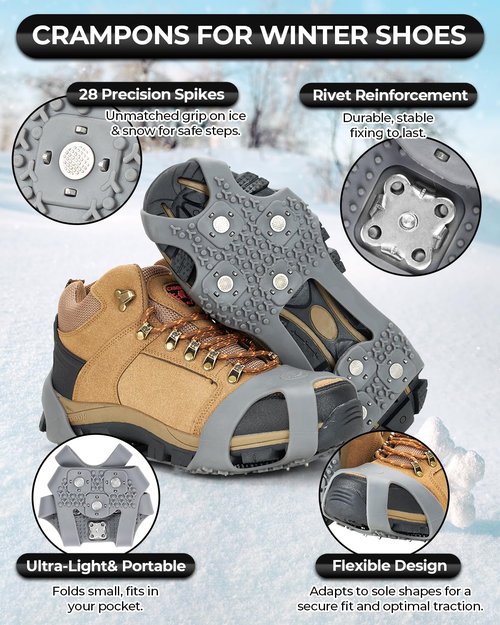 Crampons, Ice Cleats for Shoes and Boots with 28 Spikes, Ice Snow Traction Cleats, Ice Cleat Slip-on Stretch Footwear, Lightweight Crampon Cleats for Women Men Walking Shoveling Snow on Ice and Snow