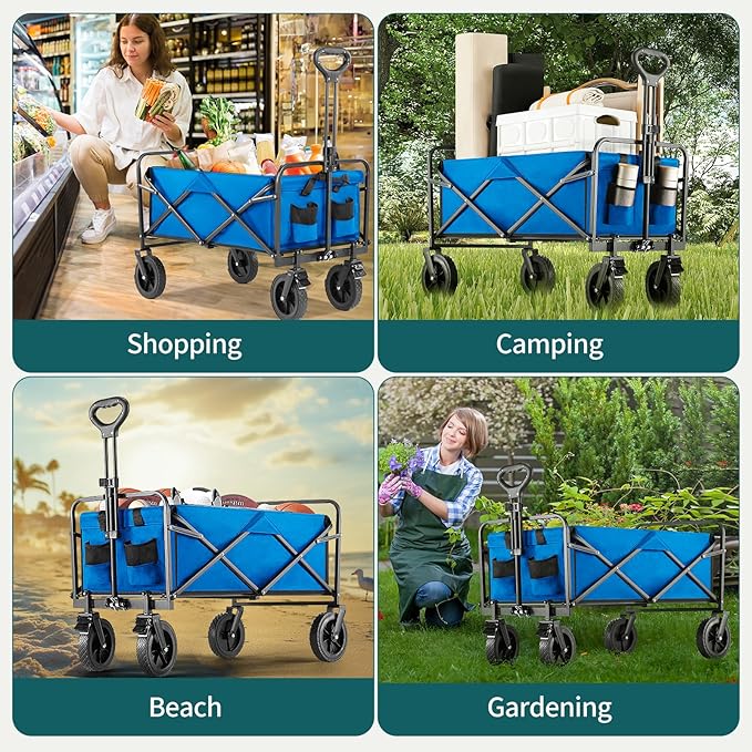 Collapsible Wagon Cart Foldable, 35" L Folding Beach Wagon with All-Terrain Wheels, Shopping Cart with 350lbs Capacity, Portable Camping Wagons Carts for Grocery Garden and Sports, Modern Blue