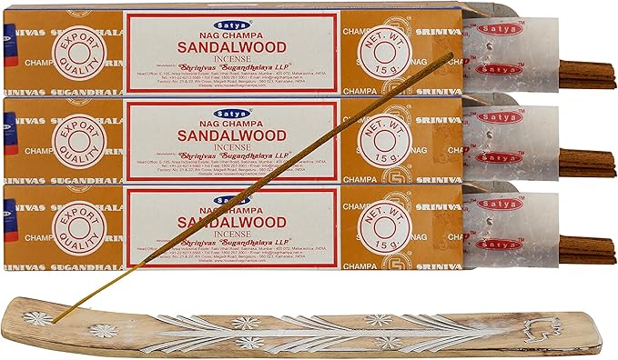 Satya Sandalwood Incense Sticks, Satya sai Baba Insenses 15gmx3 (45 gm) Pack with Raajsee Incense Holder Bundle, Satya Nag Champa Natural Incense