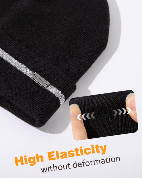 TOP-EX XL/XXL Unisex 50% Merino Wool Cuffed Beanie for Men Women Double Layer Winter Skull Cap Big Head Warm Knit Hats with Reflective Strips Soft Cold Weather Hat Black