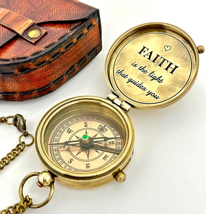 Faith Compass – Inspirational Gift for Men & Boys | Christian Baptism, Communion, Confirmation, or Graduation Present | “Faith is The Light That Guides You” Engraved | Leather Box