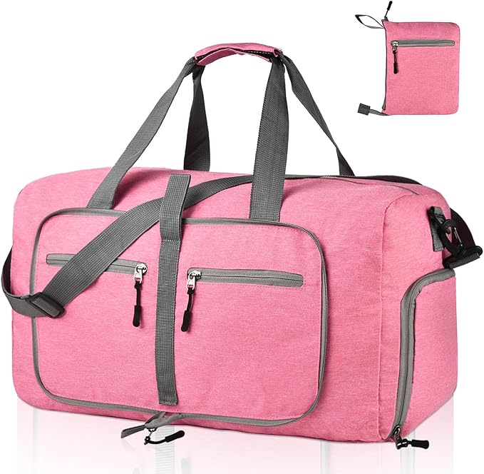 Dimayar 40L Travel Duffle Bag for Men Women - Foldable Duffel Bag with Shoes Compartment - Overnight Bags Waterproof & Tear Resistant(Pink)