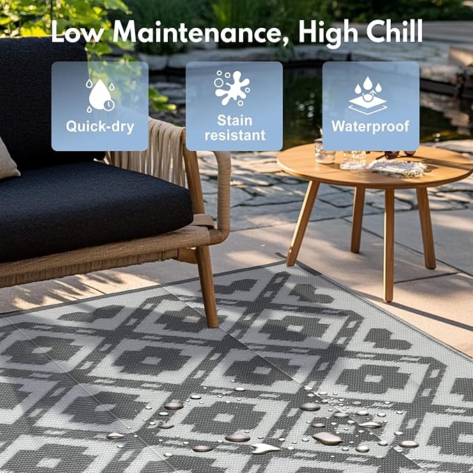 Waterproof Outdoor Rug 6x9 ft, Reversible Plastic Straw Rug, Easy to Clean Patio Rug, Portable Carpet for Patio, RV, Deck, Balcony, Backyard, Picnic, Beach, Square Dashed, Gray