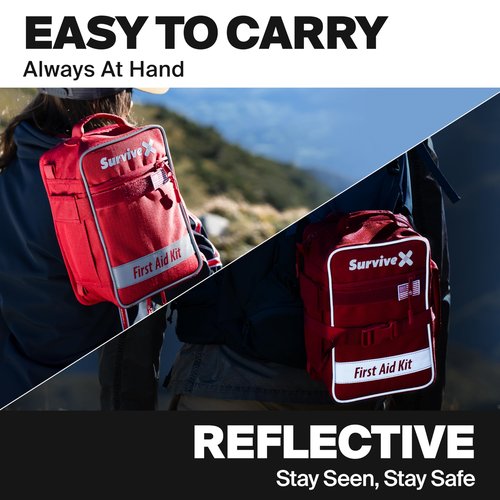 SurviveX Large First Aid Kit for Car, Travel & Home - Emergency Kit for Hiking, Camping, Backpacking and Outdoors - Includes Zip Stitch Wound Closure Strips